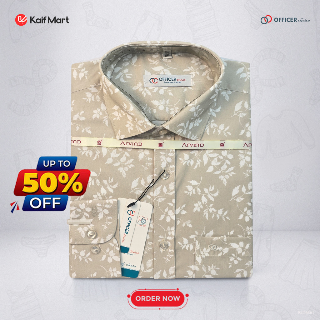Mens FasMens Fashionable Exclusive Long Sleeve Formal and Casual Shirt- light beige with a white floral