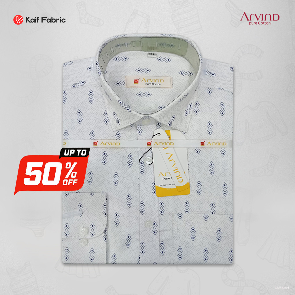 Mens FasMens Fashionable Exclusive Long Sleeve Formal and Casual Shirt- White with a Blue pattern.