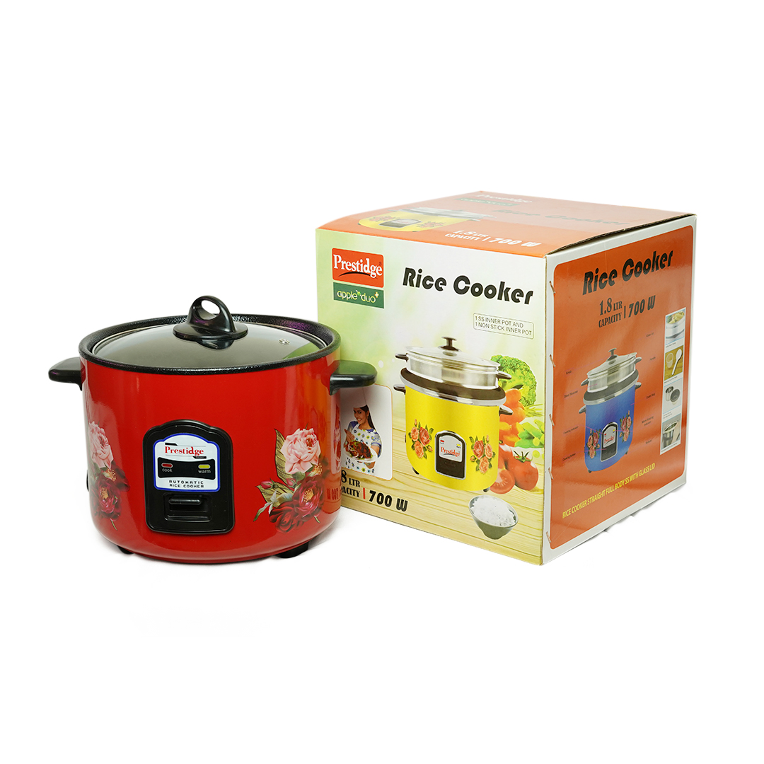 Prestige Apple Duo Electric Rice Cooker 1.8 Liter 700W – Stainless Steel Body with Glass Lid (RED)
