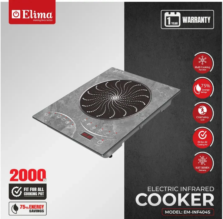 Elima Herculo EM-INF404 2000W Marble Design Infrared Cooker – Fast Heating, Energy Efficient Hot Plate