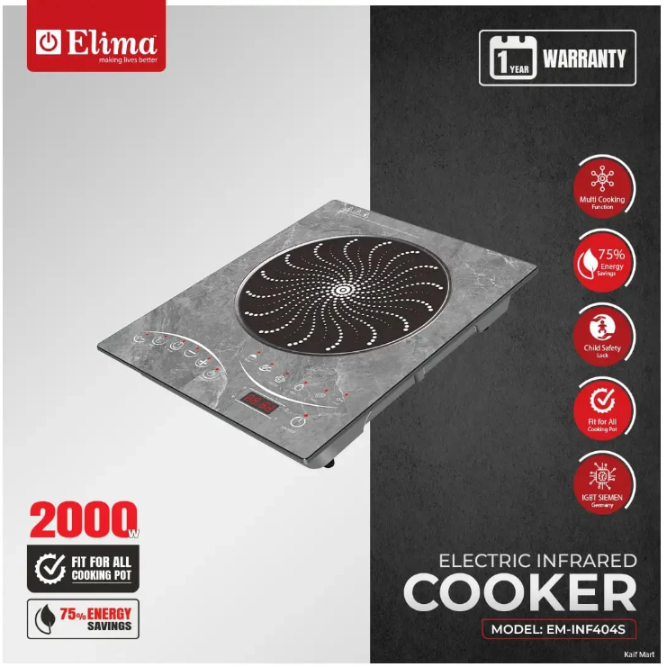 Elima Herculo EM-INF404 2000W Marble Design Infrared Cooker – Fast Heating, Energy Efficient Hot Plate