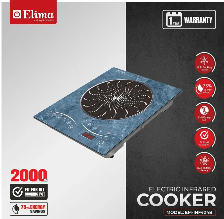 Elima Herculo EM-INF404 2000W Marble Design Infrared Cooker – Fast Heating, Energy Efficient Hot Plate Light Blue