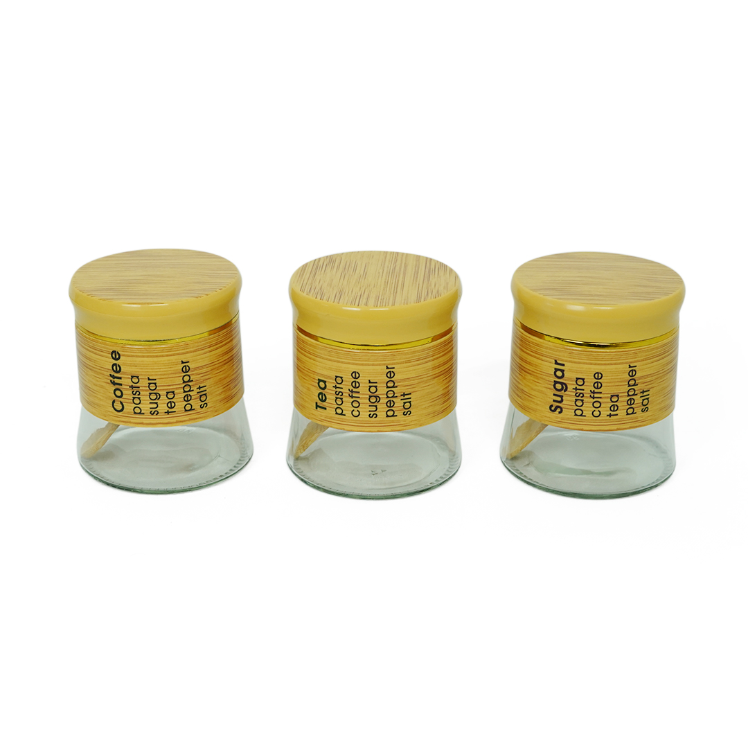 3pcs Glass Kitchen Spice Jars with Lid | Food Storage Bottles & Bamboo Rack