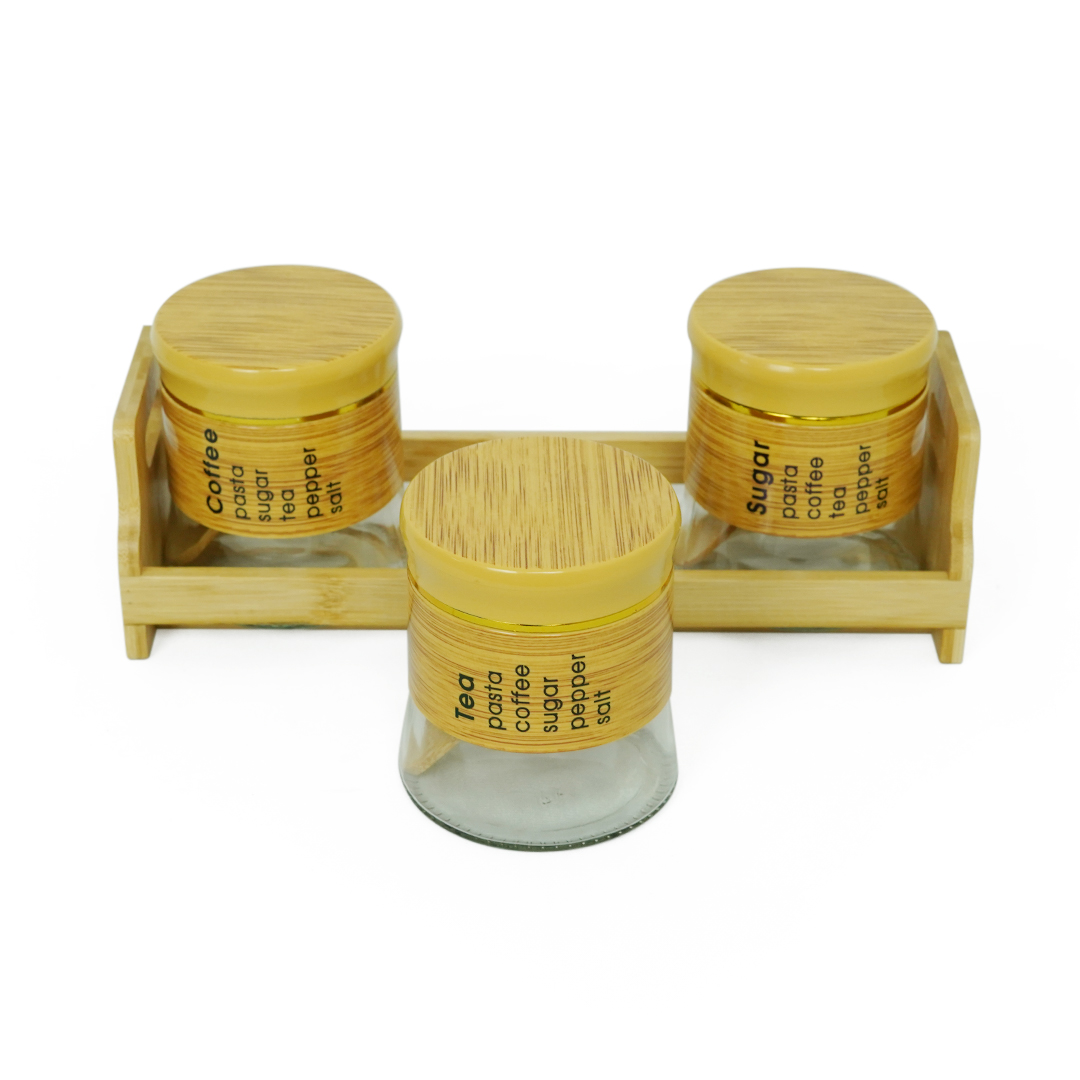 3pcs Glass Kitchen Spice Jars with Lid | Food Storage Bottles & Bamboo Rack