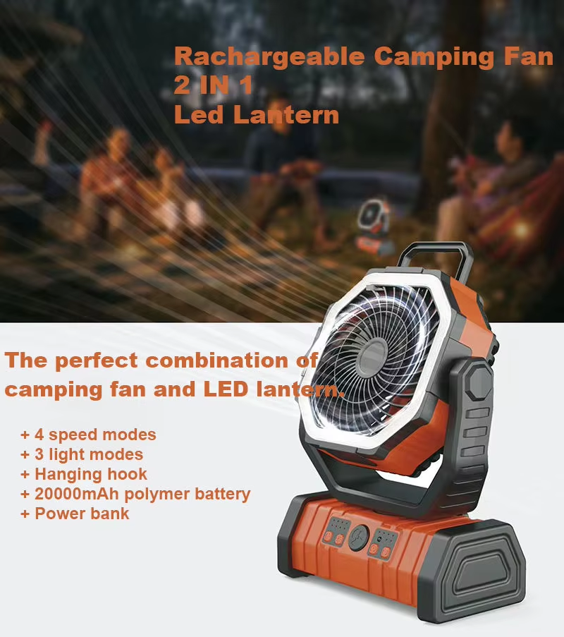 Portable USB Rechargeable Outdoor Table Fan With LED Light and Power Bank for Camping Outdoor