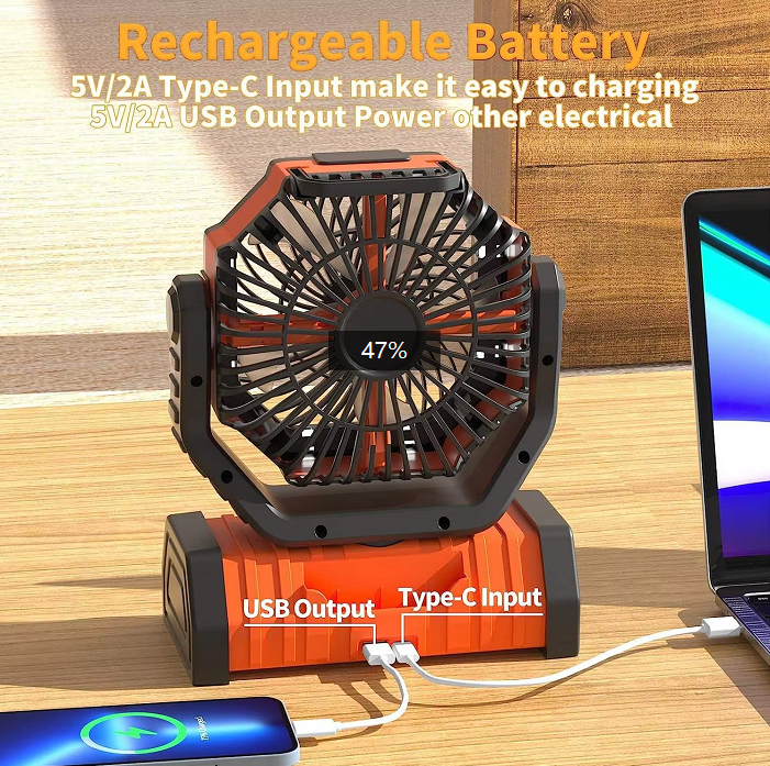Portable USB Rechargeable Outdoor Table Fan With LED Light and Power Bank for Camping Outdoor