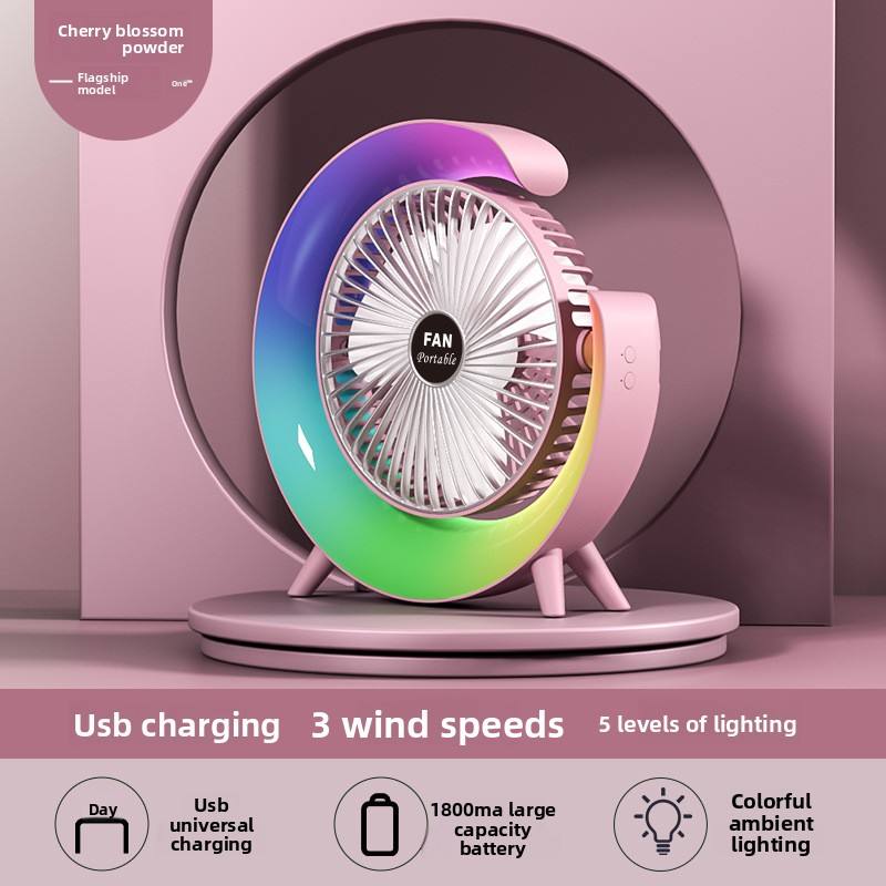 Mini Desktop USB Rechargeable Fan with Colorful Lights for Camping and Summer Use