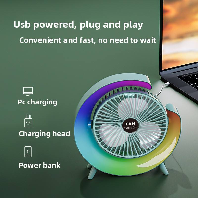 Mini Desktop USB Rechargeable Fan with Colorful Lights for Camping and Summer Use