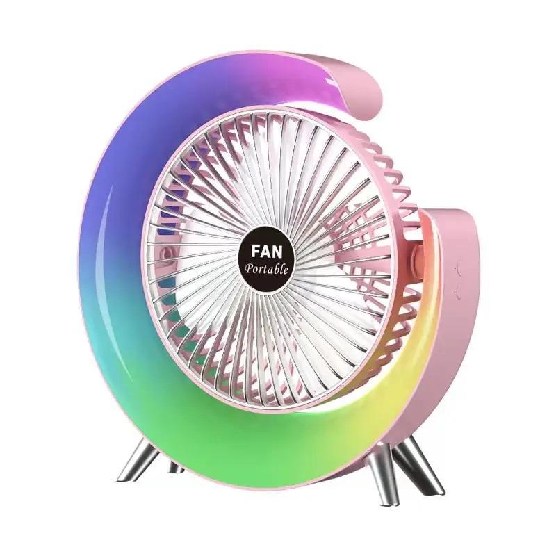 Mini Desktop USB Rechargeable Fan with Colorful Lights for Camping and Summer Use