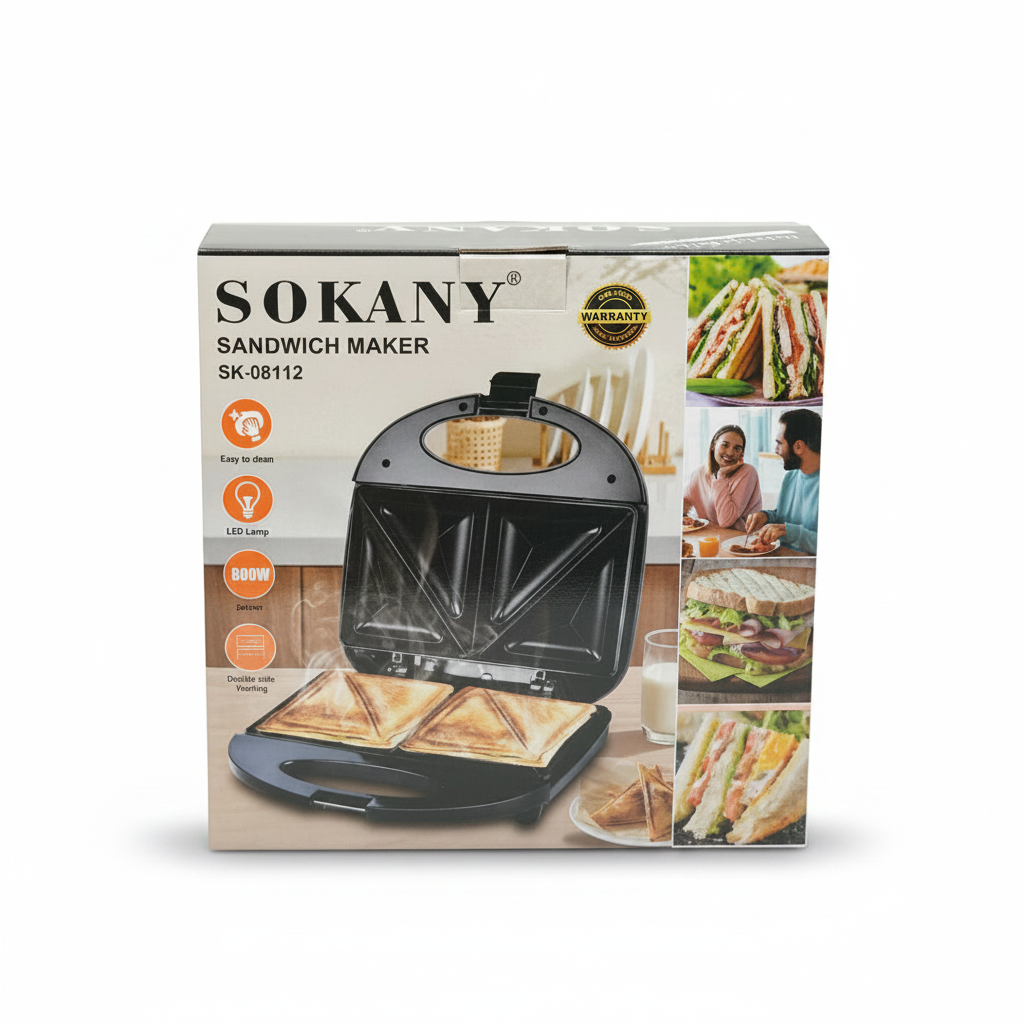 Sokany Sandwich Maker SK-08112 – 800W Non-Stick Grill Toaster with LED Indicator